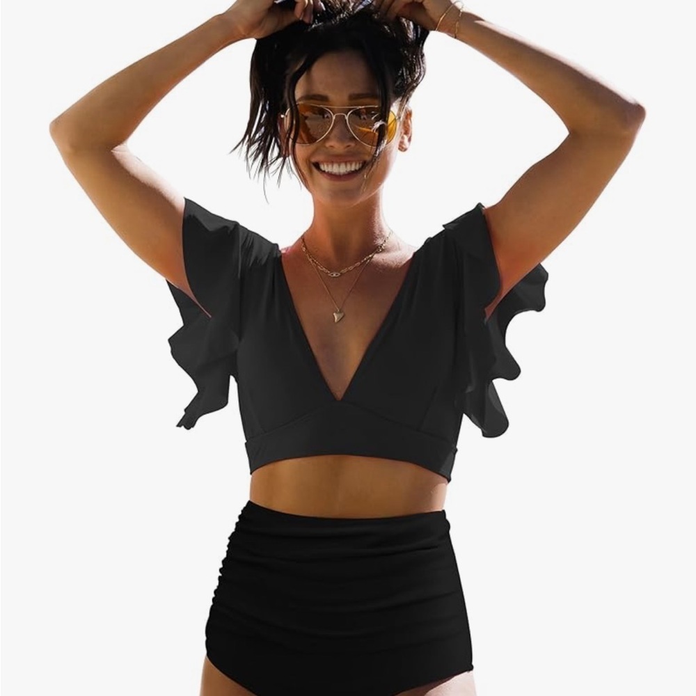 Black Ruffled V-Neck swim top